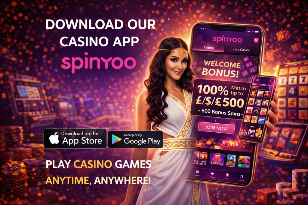 `alt="Spinyoo Casino mobile app banner featuring a clean smartphone interface with the Spinyoo logo, purple casino-themed background, slot machines and dice, illustrating the Spinyoo app experience on mobile devices"`
