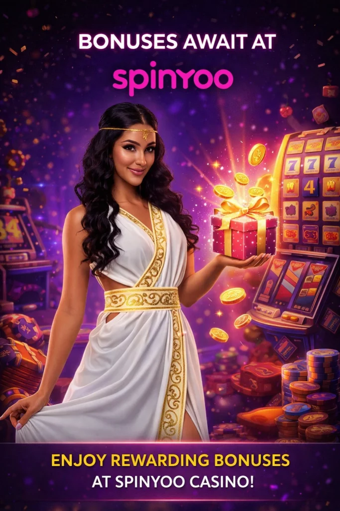 `alt="Spinyoo Casino bonus banner featuring the Spinyoo logo, pink and dark themed design, casino chips and cards, and visual elements representing available bonus offers"`
