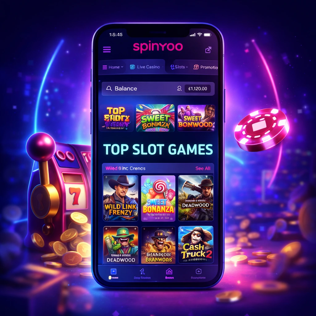 Spinyoo Casino slots lobby displayed on a smartphone with top slot games and neon casino background