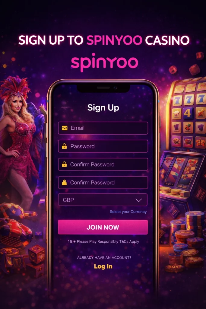 `alt="Spinyoo Casino sign up banner showing a smartphone with the registration form, Spinyoo logo in pink, dark casino-themed background, and clear steps to create a new account"`
